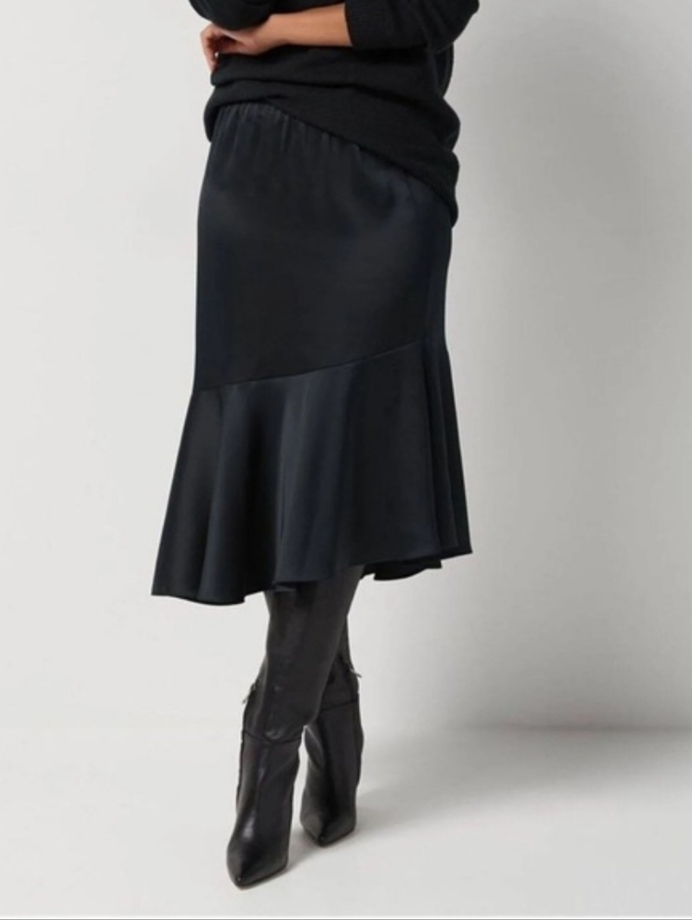 Jason Wu Black Asymmetrical Satin Ruffle Midi Skirt Size Small